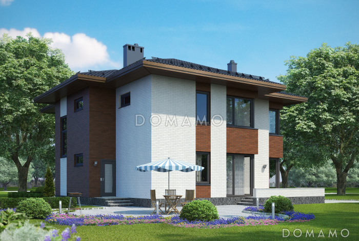 Проект загородного дома из СИП панелей с четырьмя спальными комнатами и гаражом для одного автомобиля