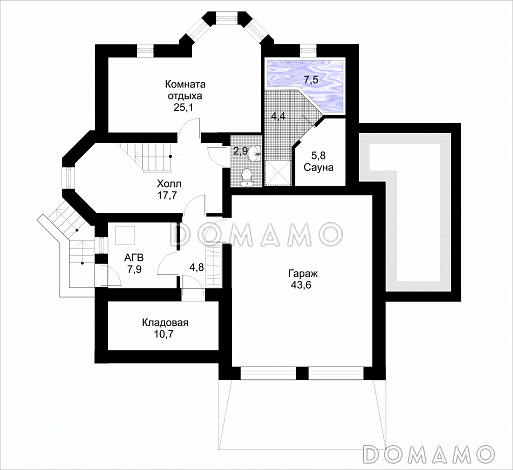Проект коттеджа с подземным гаражом / План цокольного этажа