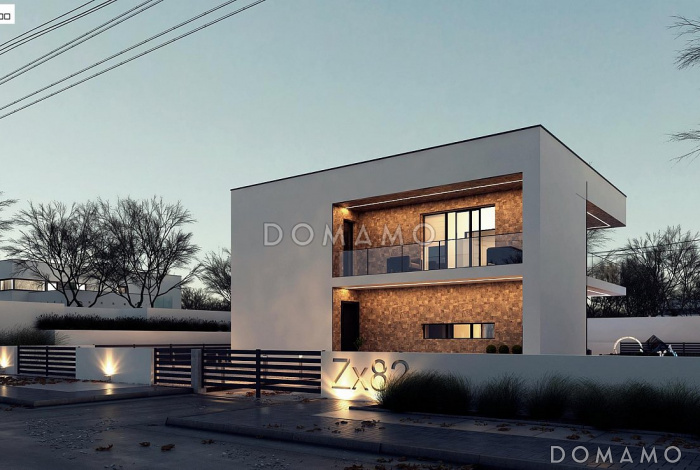 Проект современного двухэтажного дома из газобетона с плоской крышей, четырьмя комнатами и двумя лоджиями