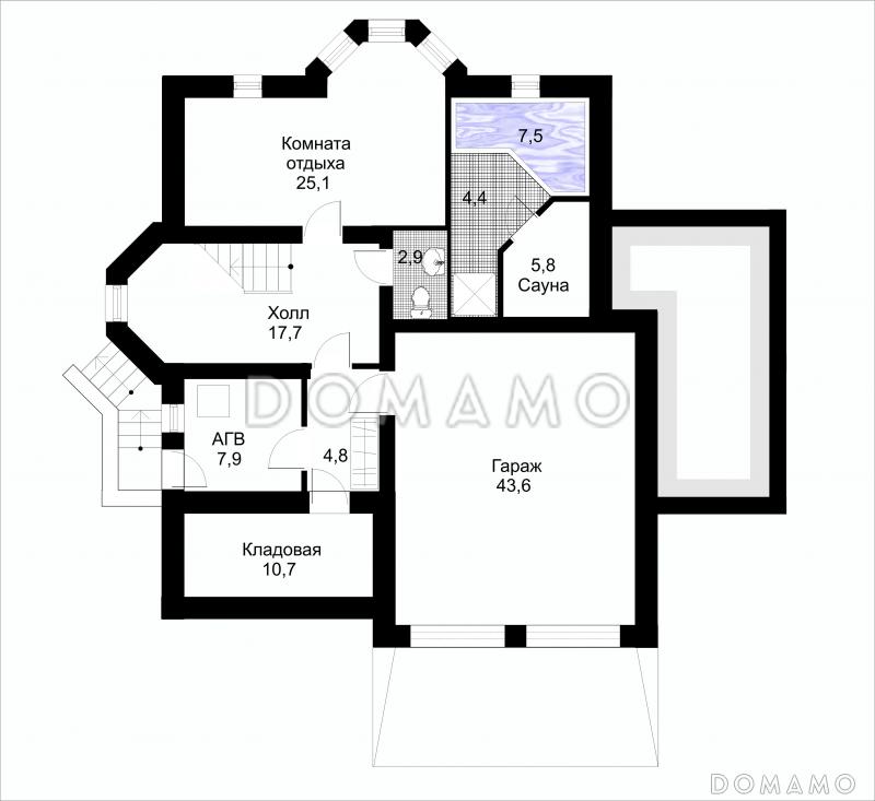 Проект коттеджа с подземным гаражом / План цокольного этажа