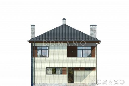 Двухэтажный загородный дом с облицовкой кирпичом, крытой террасой, спальней на первом этаже, двумя балконами / Фасад 1