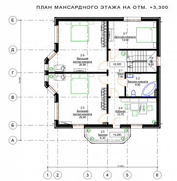 Проект деревянного дома с 3 спальнями и кабинетом на мансарде, гостевой комнатой и просторной дневной зоной / План мансардного этажа