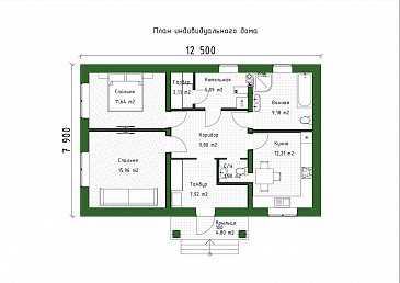 Проект компактного одноэтажного дома из газобетона для небольшой семьи / План 1 этажа