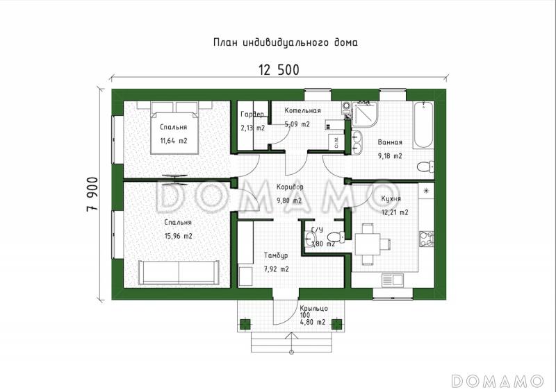 Проект компактного одноэтажного дома из газобетона для небольшой семьи / План 1 этажа