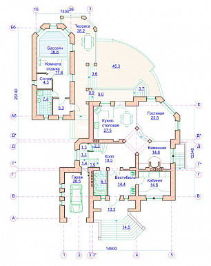 Проект коттеджа с двусветной гостиной, отдельным бассейном и гаражом / План 1 этажа