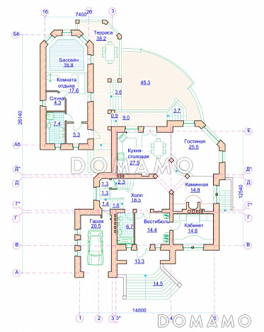 Проект коттеджа с двусветной гостиной, отдельным бассейном и гаражом / План 1 этажа
