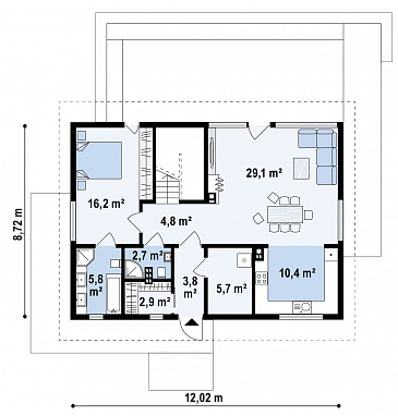 Проект одноэтажного мансардного дома из газобетона с четырьмя спальнями и панорамным остеклением гостиной / План 1 этажа