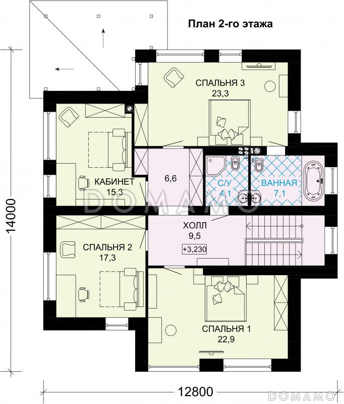 Проект двухэтажного дома из газобетона с крытой террасой, просторной гостиной с камином / План 2 этажа