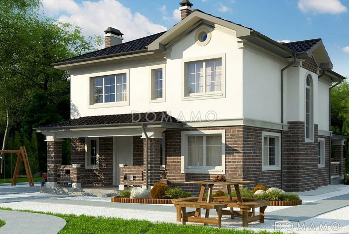 Проект загородного дома в классическом стиле с просторной гостиной, террасой, кладовой на кухне, двумя санузлами на втором этаже