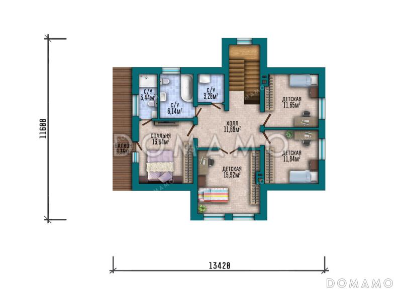 Проект дома с 4 спальнями на мансарде, балконом, террасой и гостевой комнатой на первом этаже / План 2 этажа