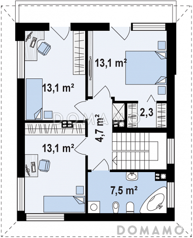 Проект компактного двухэтажного дома из газобетона с тремя спальнями с кирпичной облицовкой фасадов / План 2 этажа
