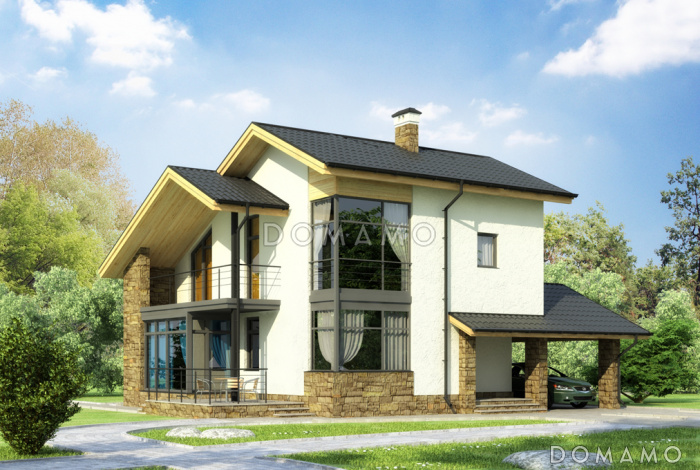 Проект уютного загородного дома с парной в цокольном этаже, навесом для машины, тремя спальнями на мансардном этаже