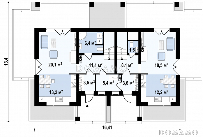 Проект комфортного мансардного дома из газобетона для двух семей / План 1 этажа