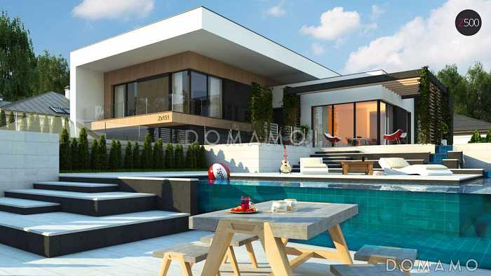 Проект современного двухэтажного дома из газобетона с подземным гаражом и террасой на втором уровне