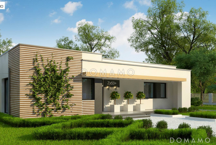 Проект стильного одноэтажного дома с плоской крышей, террасой,  тремя спальнями