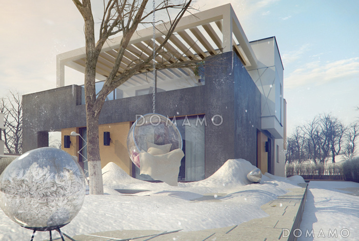 Проект современного двухэтажного дома из кирпича в стиле модерн, с террасой на втором уровне и встроенным гаражом