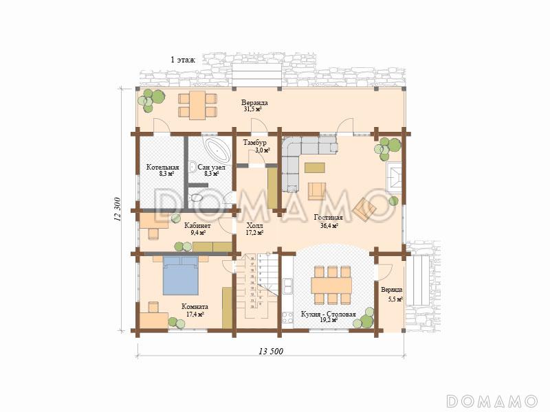 Проект деревянного дома с двухуровневой крышей / План 1 этажа