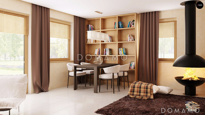 Проект одноэтажного дома из газобетона с мансардой и просторной гостиной