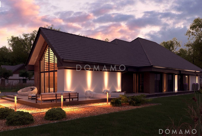 Проект большого одноэтажного дома из газобетона с четырьмя спальнями, гаражом и панорамным остеклением гостиной