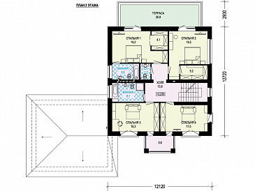 Проект дома с гаражом на две машины, сауной, спальнями на втором этаже с выходом на террасу / План 2 этажа