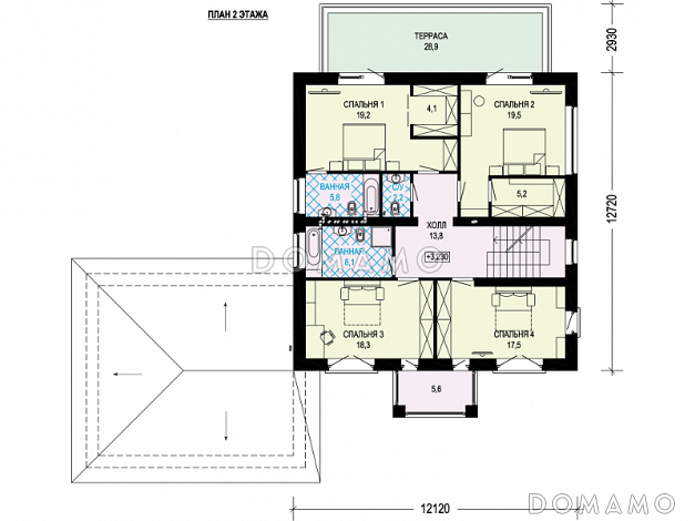 Проект дома с гаражом на две машины, сауной, спальнями на втором этаже с выходом на террасу / План 2 этажа