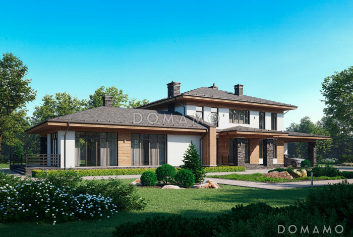 Проект особняка с 4 спальнями, спа-зоной, кинотеатром, верандой, навесом для авто