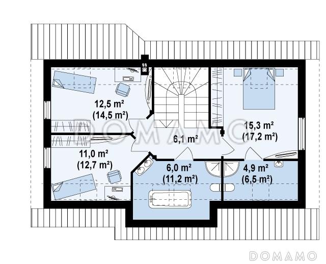 Проект традиционного мансардного дома из газобетона с дополнительной спальней на первом этаже / План мансардного этажа