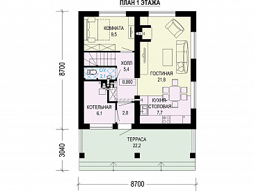 Проект загородного дома с комнатой на первом этаже, санузлом под лестницей, террасой / План 1 этажа