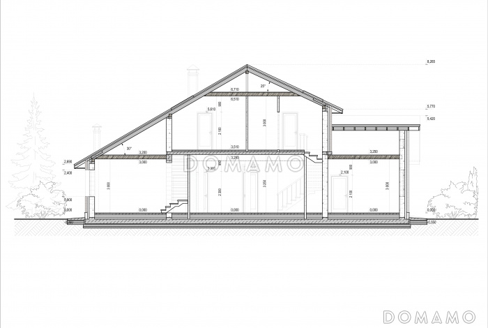 Проект загородного дома с гаражом, верандой и террасой, сауной, отдельными лестницами на мансардный этаж в гостевую и хозяйскую часть