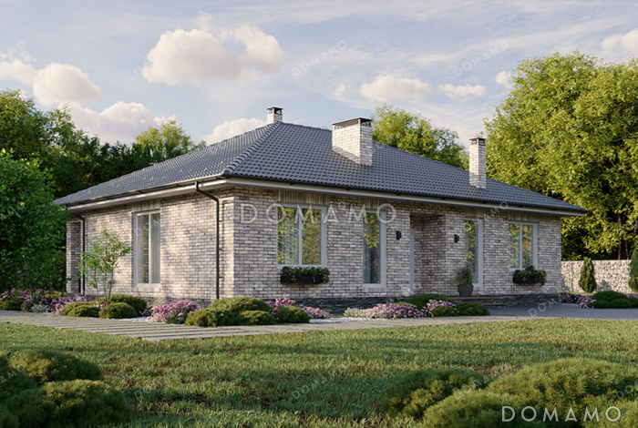 Проект дома с тремя спальнями, окном в ванной комнате и террасой рядом с гостиной