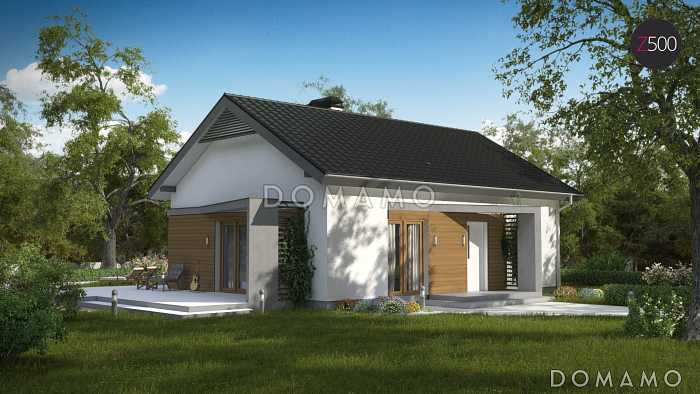 Проект компактного одноэтажного дома из газобетона с двумя спальнями, светлой дневной зоной и кладовой рядом с кухней