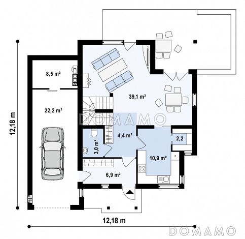 Проект современного одноэтажного мансардного дома из газобетона с тремя комнатами, угловой террасой и гаражом / План 1 этажа