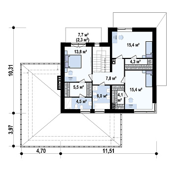 Проект двухэтажного загородного дома с подвалом, гаражом на 2 машины, кабинетом, мастер-спальней  с балконом / План 2 этажа
