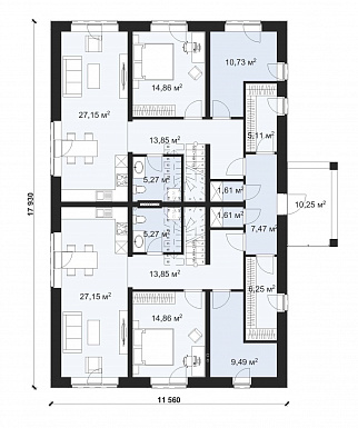 Проект эргономичного дуплекса с 8 спальнями на две семьи S-318 / План 1 этажа