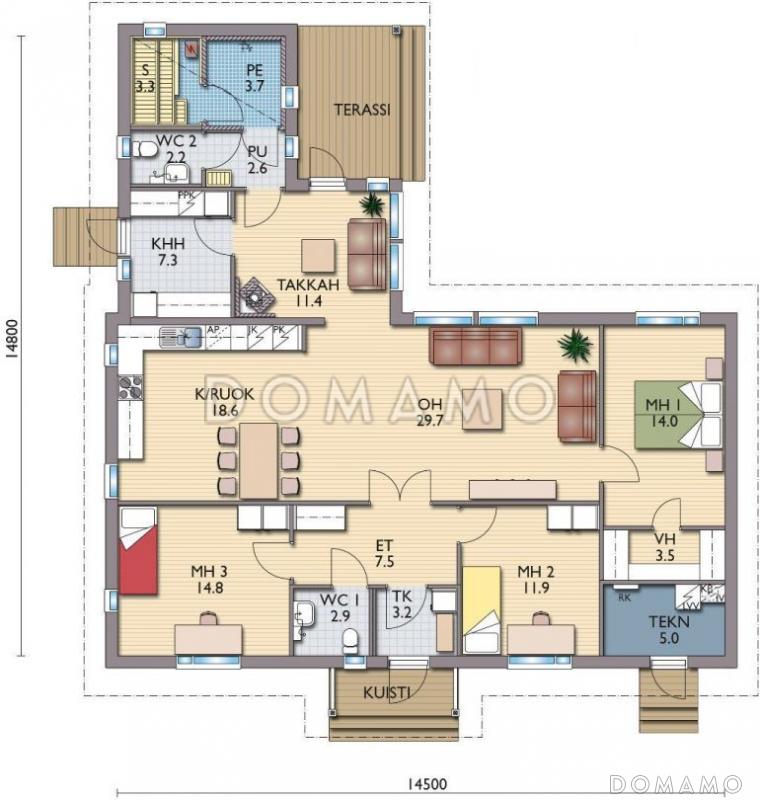 Проект каркасного дома г-образной формы в плане / План 1 этажа