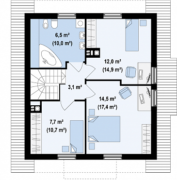 Проект одноэтажного мансардного дома из кирпича с тремя спальнями и кабинетом / План мансардного этажа