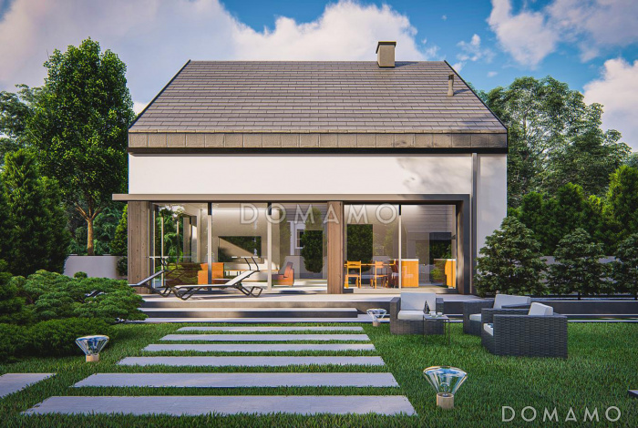 Проект комфортного загородного дома с панорамным остеклением гостиной, гаражом, кладовой и мастер-спальней на мансарде