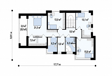 Проект современного загородного дома с гаражом на 2 автомобиля, террасой, большой кухней, кабинетом / План 2 этажа