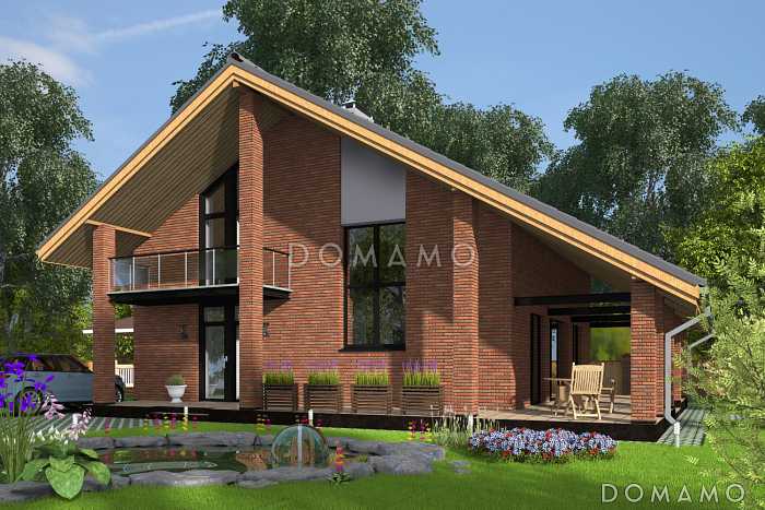 Проект дома с крытой террасой, спальней на первом этаже, балконом, вторым светом