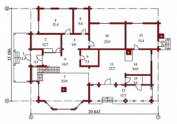 Проект двухэтажного дома из бруса / План 1 этажа