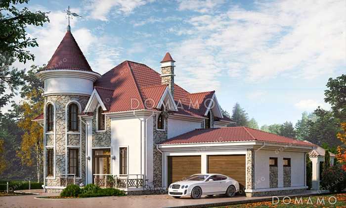 Проект дома-замка с гаражом на два автомобиля, башенкой и полукруглой террасой