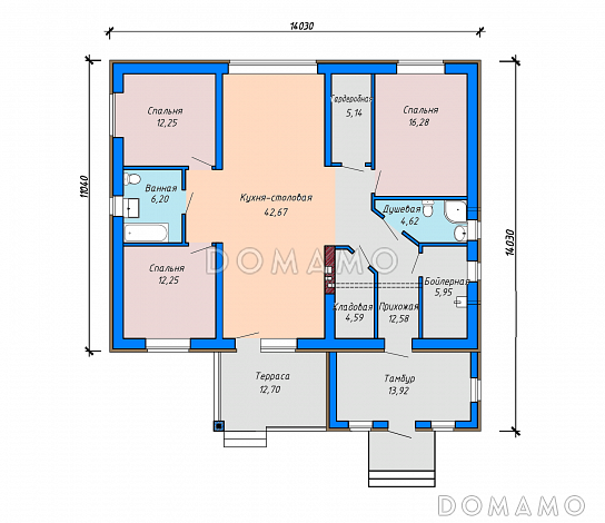 Проект загородного дома с террасой, просторным тамбуром, ванной и душевой, кухней-столовой в центральной части дома / План 1 этажа