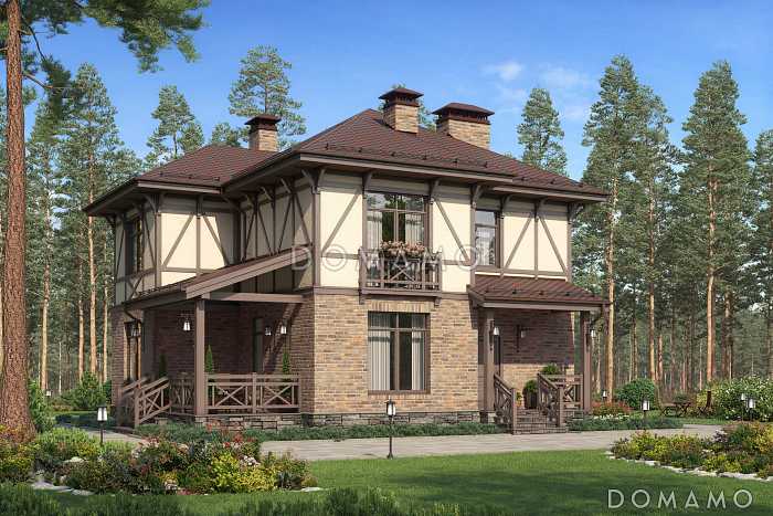 Проект дома с крытой террасой, кладовой под лестницей. эркерами, гостевой на первом этаже, спальнями и кабинетом на втором этаже