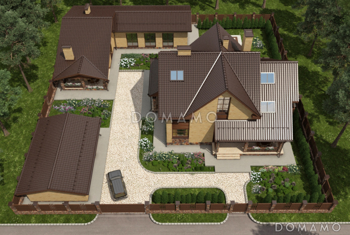 Проект дома с просторной гостиной и кухней столовой, террасой с барбекю, зимним садом, двумя балконами, 