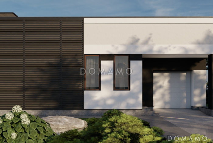 Проект одноэтажного газобетонного дома в стиле хай-тек с внутренним двором, бильярдной, сауной и гаражом