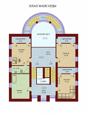 Проект одноэтажного дома с мансардой, цоколем и чердаком, со стеклянным эркером / План мансардного этажа