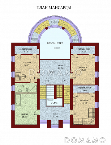 Проект одноэтажного дома с мансардой, цоколем и чердаком, со стеклянным эркером / План мансардного этажа