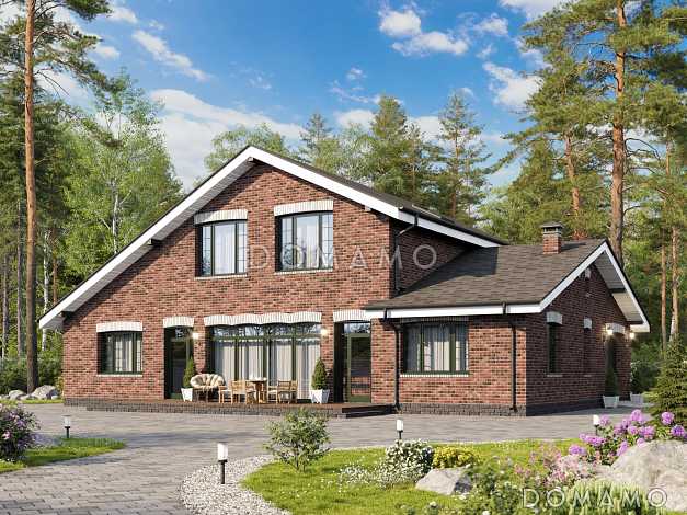 Проект загородного дома с гаражом, верандой и террасой, сауной, отдельными лестницами на мансардный этаж в гостевую и хозяйскую часть