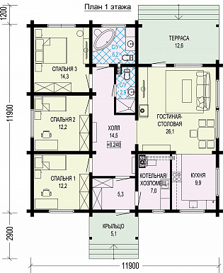 Проект деревянного дома с тремя спальнями, квадратной гостиной-столовой и крытой террасой / План 1 этажа