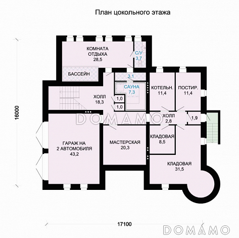 Проект кирпичного дома с гаражом на цокольном этаже / План цокольного этажа